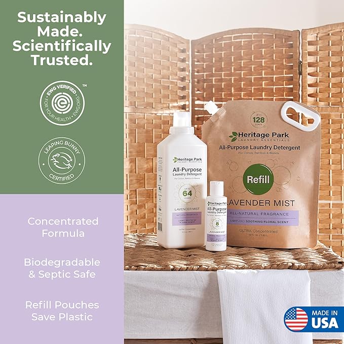 Heritage Park Luxury Laundry Detergent | Dermatologist Tested Plant based Natural & Enzyme Laundry Detergent | Sensitive Skin Friendly - Lavender Mist (4 fl oz Trial Size)