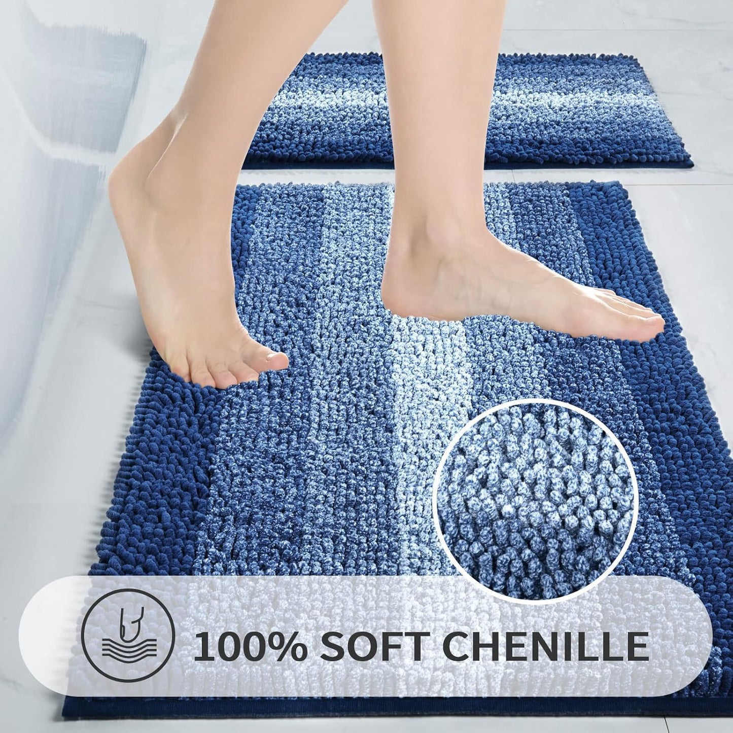 Gibelle Blue Bathroom Rugs, Luxury Chenille Bath Mat, Small Non Slip Shower Rug and Bath Room Floor Mats, Machine Washable, Quick Dry Bathmat, Soft Cozy Plush Rug for Tub, 16" x 24"