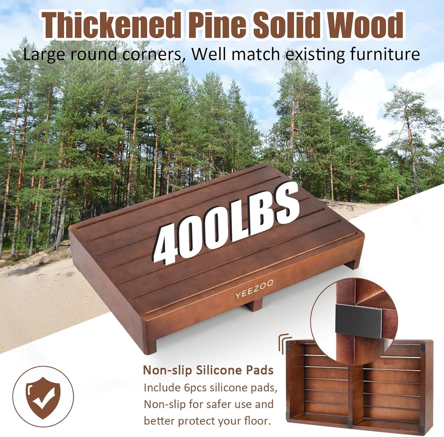 Wooden one Step Stool- Solid Pine Wood Step Riser with Non-Slip Pads, Wood Step Stool for Elderly Adults, high Bed, Bathroom, Kitchen (23.6" L*15.7" W*3.9" H, Brown, 400LBs Capacity)