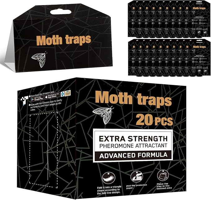 Upgraded Moth Traps, 20Pack Double Potent Pantry & Clothes Traps with Pheromones Prime, No Toxic & Odorless Meal Moth Trap, Organic Sticky Moths Balls Repellent with Lure for Closet, Kitchens