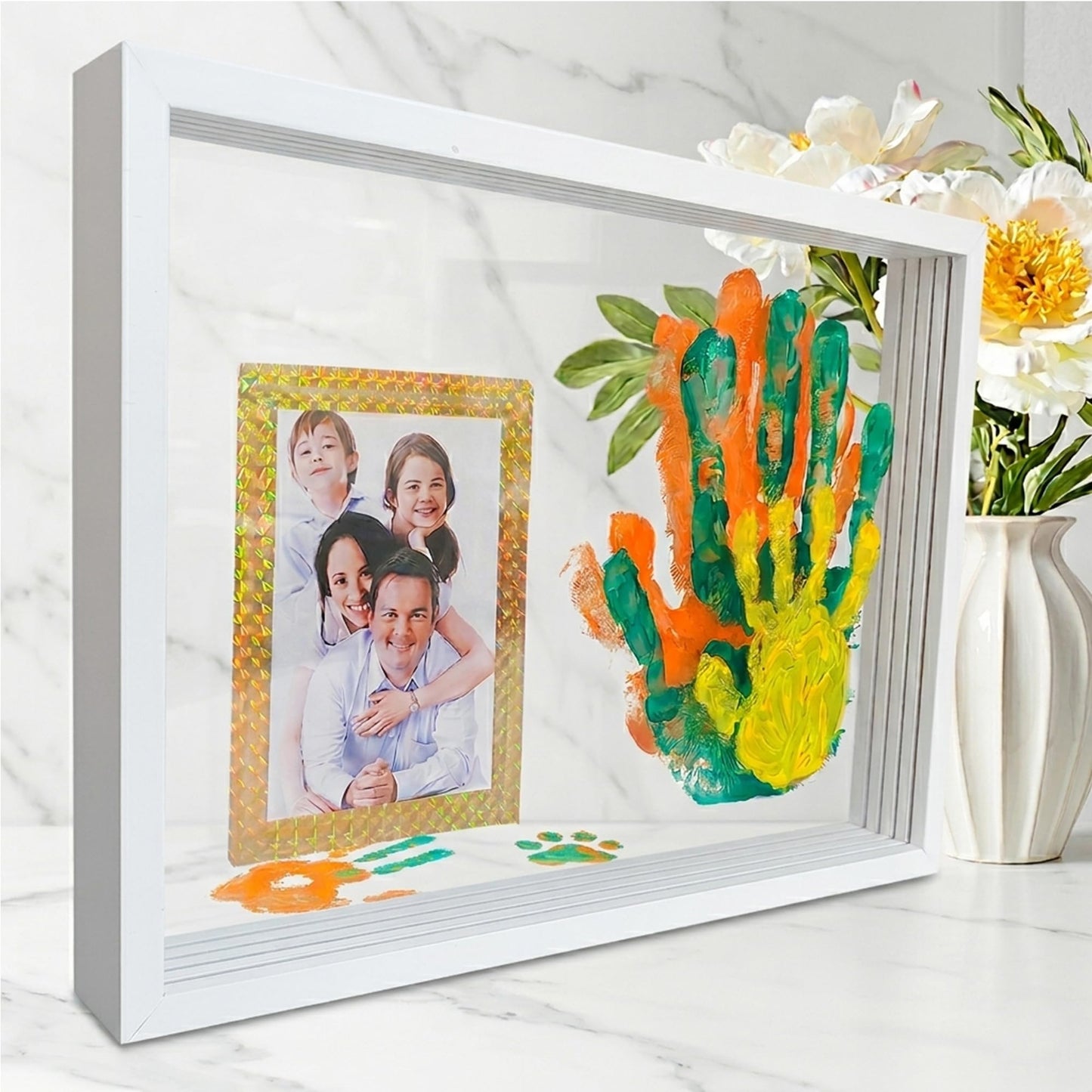 Family Handprint Keepsake Frame Kit with Photo Display – DIY 3D Floating Layered Design for Mom, Dad and Baby – Safe Non-Toxic Paint Set for Footprints – Perfect Baby Shower Gifts, New Parents Couples Keepsake, Home Decor 13.1x9.6 Inch (White)