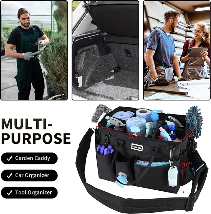 Large Cleaning Caddy Organizer with Handle, Sponge Shoulder Strap Cleaning Supplies Organizer with Foldable Dividers Zipper Pocket for Cleaners Housekeepers