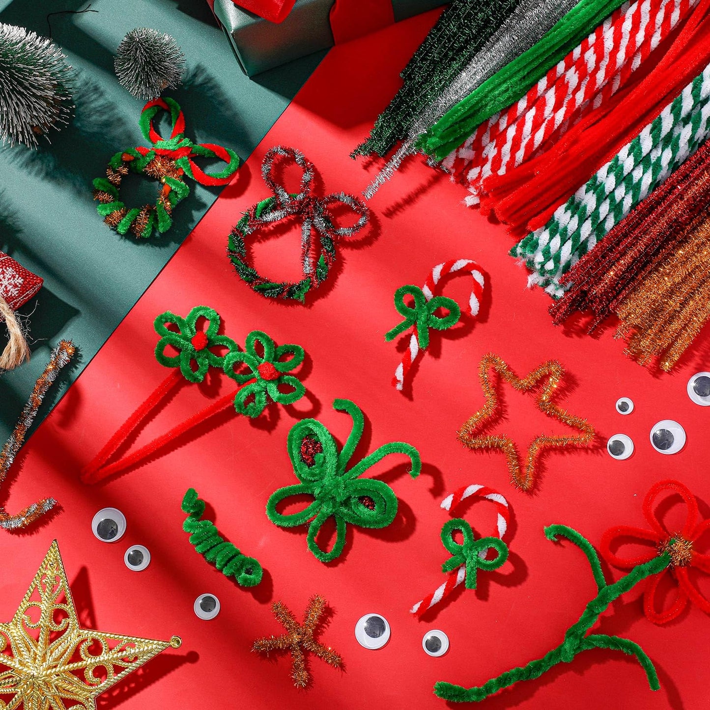 Juexica 300 Pcs Christmas Pipe Cleaners Craft Set Including Glitter Chenille Stems Poms Self Adhesive Wiggle Googly Eyes Creative Arts Chenille Stems for Christmas Decoration DIY Art Craft (Assorted)