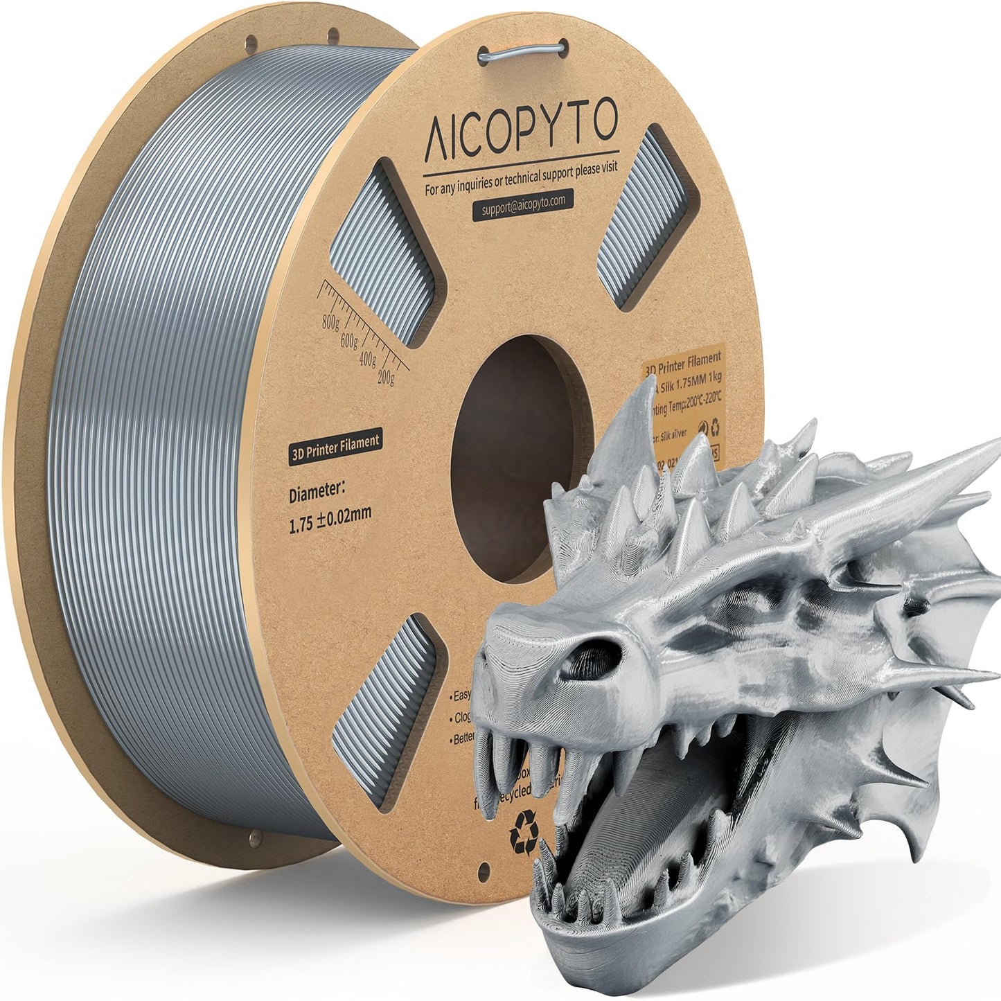 AICOPYTO Silver Silk PLA Filament 1.75mm, 3D Printer Silk PLA Filament Clog-Free Shiny 1KG Spool (2.2lbs) Dimensional Accuracy P