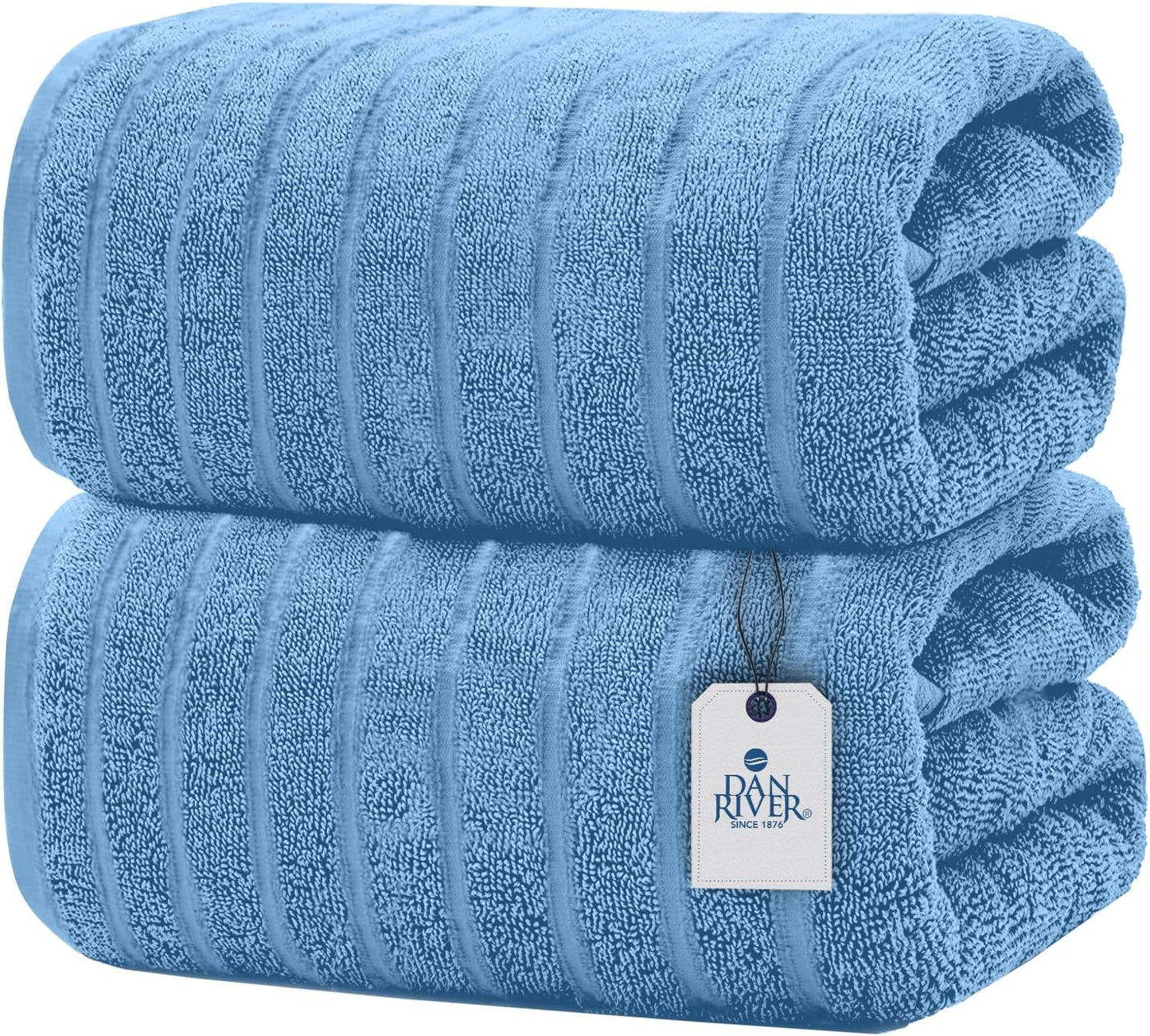 DAN RIVER Pack of 2 Bath Sheet 35x70 Inches, Ribbed Luxury Bath Towel Set, Extra Large and Quick Dry Soft Cotton Towels - Medium Blue