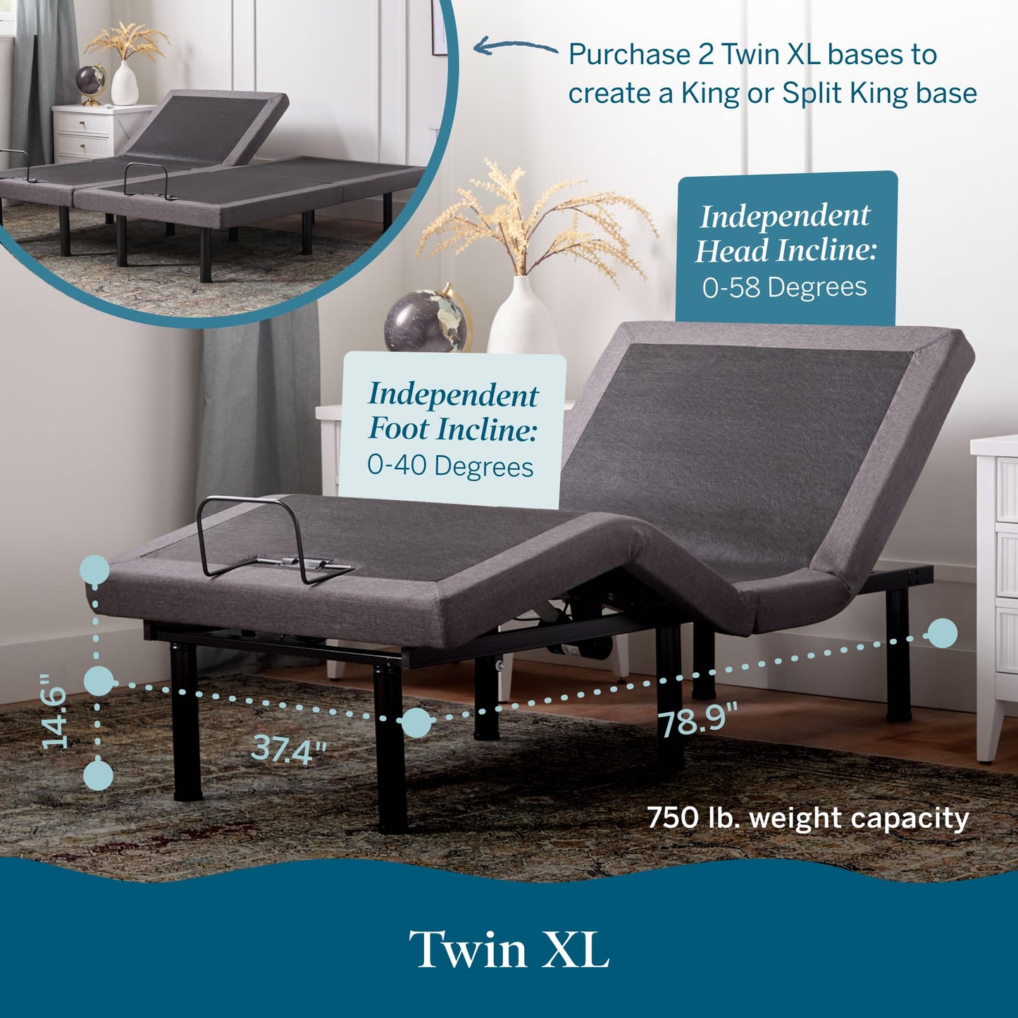 LUCID L300 Adjustable Bed Frame - Head and Foot Incline - USB - Wireless Remote - Easy 2 Person Assembly - Quiet Motor - Relax - TV - Working - Reading - Ergonomic - Electric Bed Base - Twin XL Size