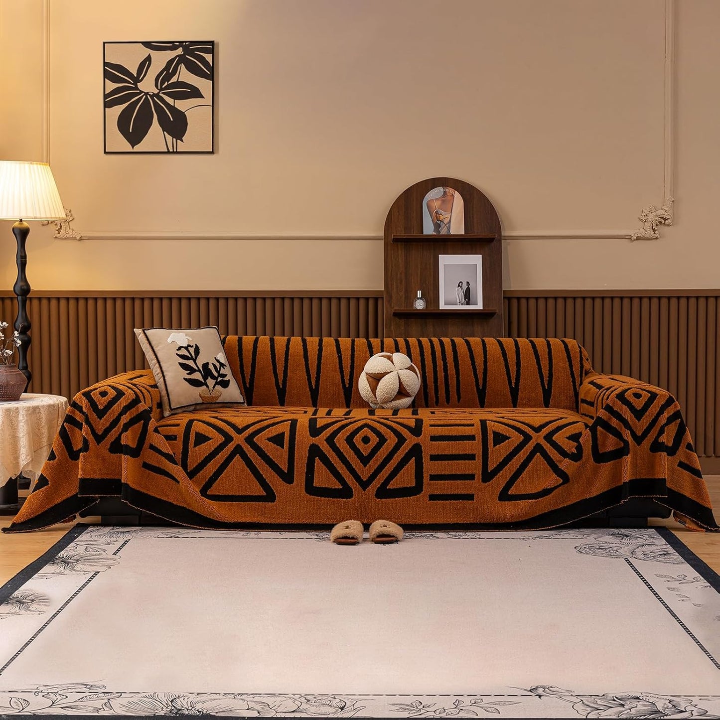 HANDONTIME Sofa Covers for Couch Pet-Friendly Caramel Black Couch Cover for Dogs Shu Velveteen Short Plush Sofa Covers for 3 Cushion Boho Brunt Orange Furniture Protector Washable, 71" X150"