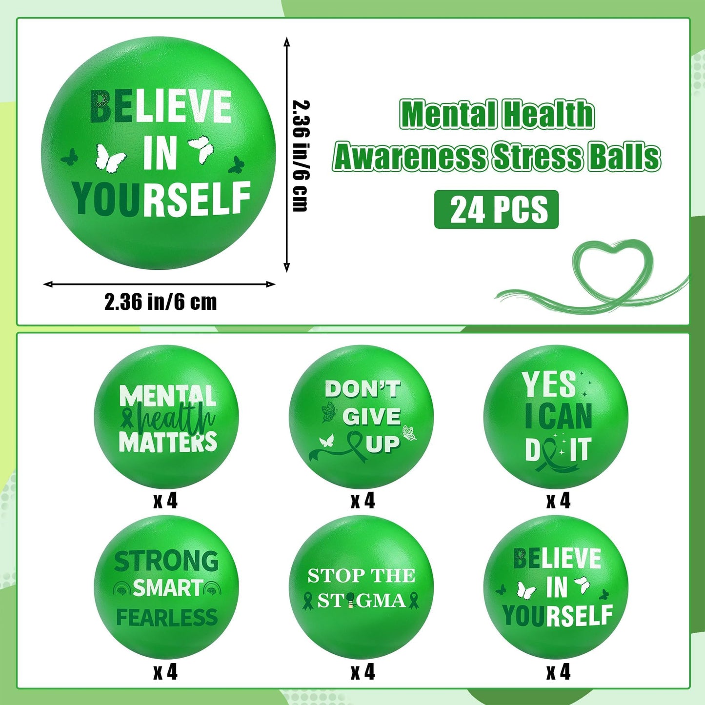 Aneco 24 Pieces Mental Health Awareness Stress Balls Mini Motivational Foam Toys Bulk Encouraging Mental Health Gifts Anxiety Stress Relief Toys for Fundraiser Gifts Supporting Minds
