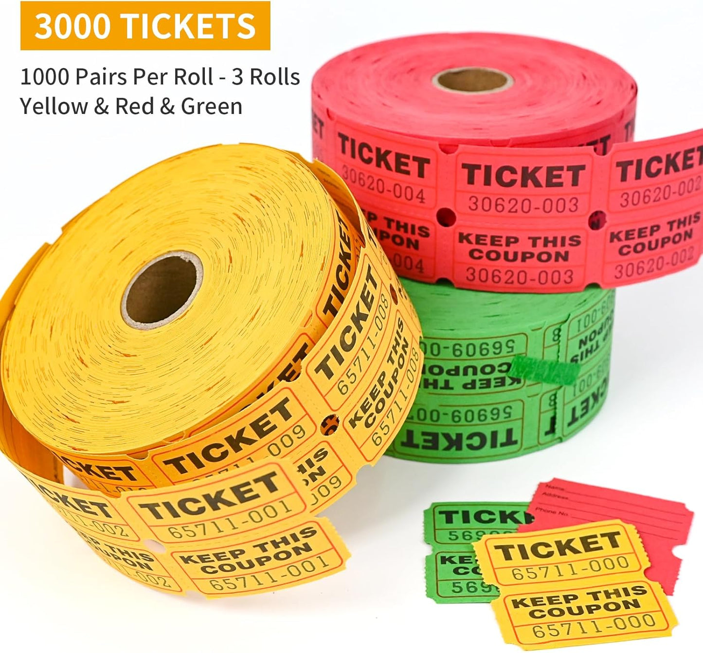 L LIKED 3000 Assorted Raffle Tickets Double Roll,Consecutively Numbered,50/50 Raffle Tickets for Event,Party,Prize,Drawing(Red,Green,Yellow)