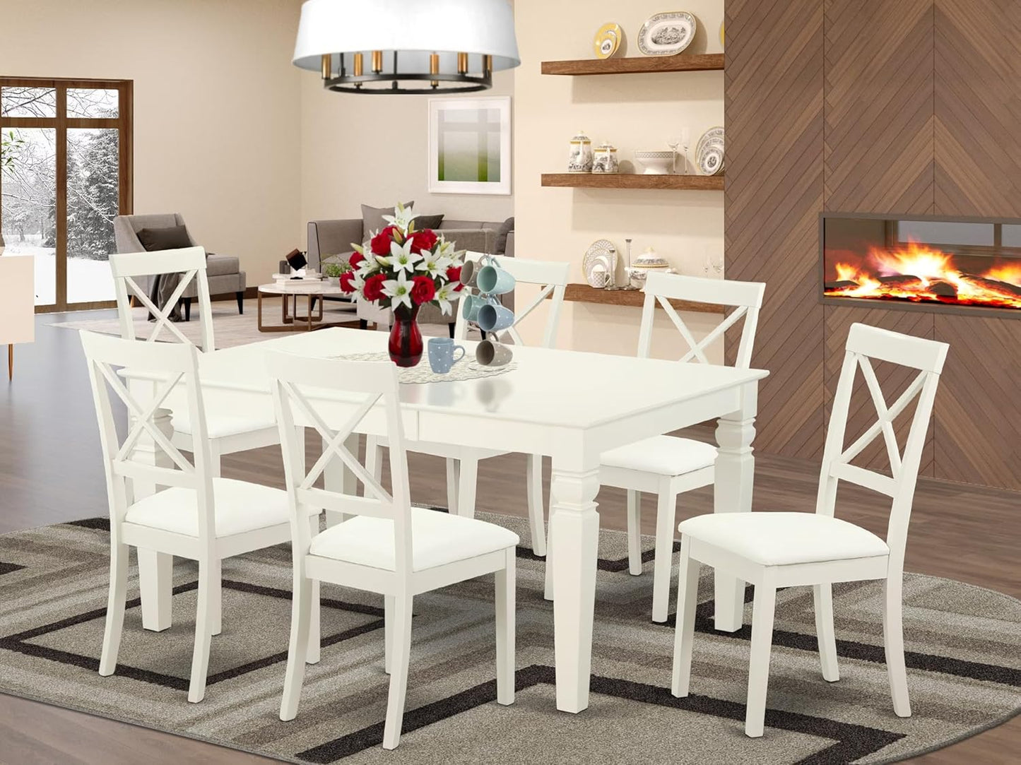 East West Furniture LGBO7-LWH-LC 7 Piece Dining Set Consist of a Rectangle Dining Room Table with Butterfly Leaf and 6 Faux Leather Upholstered Chairs, 42x84 Inch, Linen White