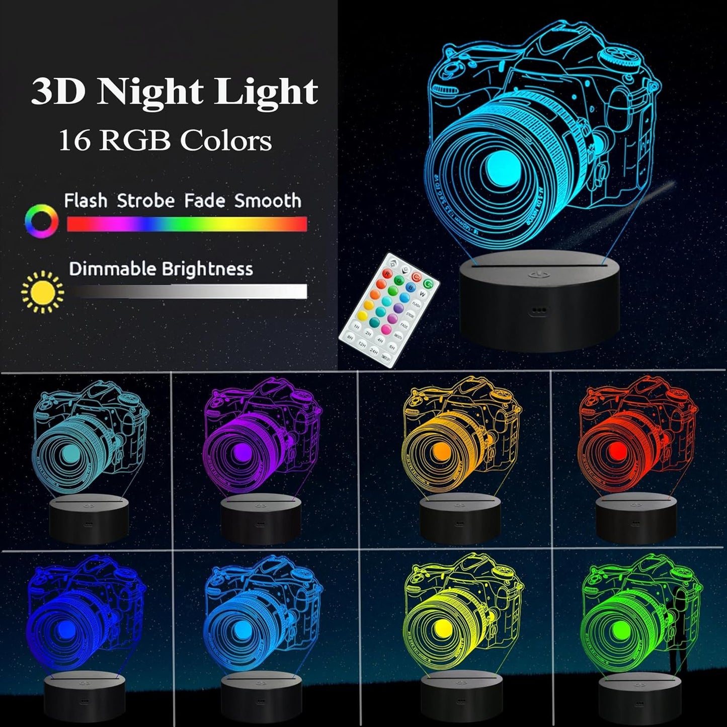 Photographer Gifts for Men, Camera 3D Night Light with Remote Control, 16 Colors Changing, Timer, Dimmable, RGB Flashing Mode, Photography Gifts Gifts for Men Women Christmas Decor