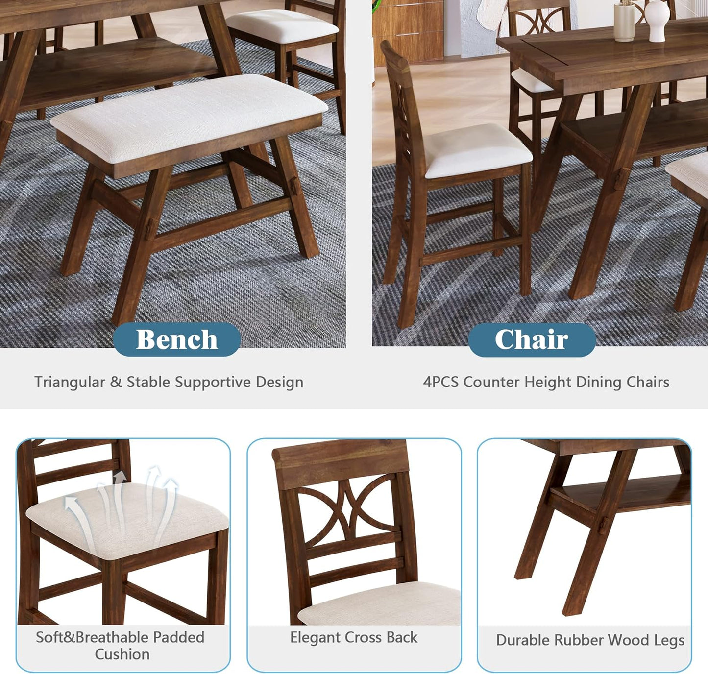 Merax 6 Piece Wood Counter Height Dining Table Set with Storage Shelf, Beige Cushion, Kitchen Table Set with Bench and 4 Chairs, Rustic Style, Walnut
