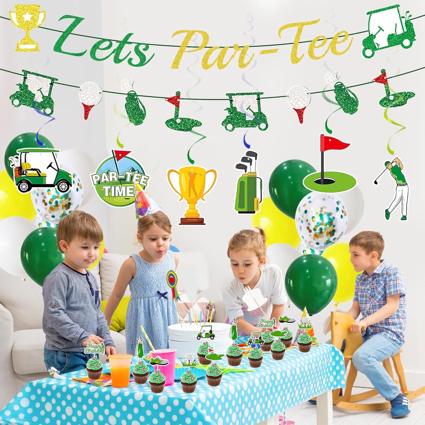 Golf Birthday Decorations Party Supplies - 36 Pcs Lets Par-Tee Banner Balloons Hanging Swirls Cupcake Toppers For Golf Theme Party Decor