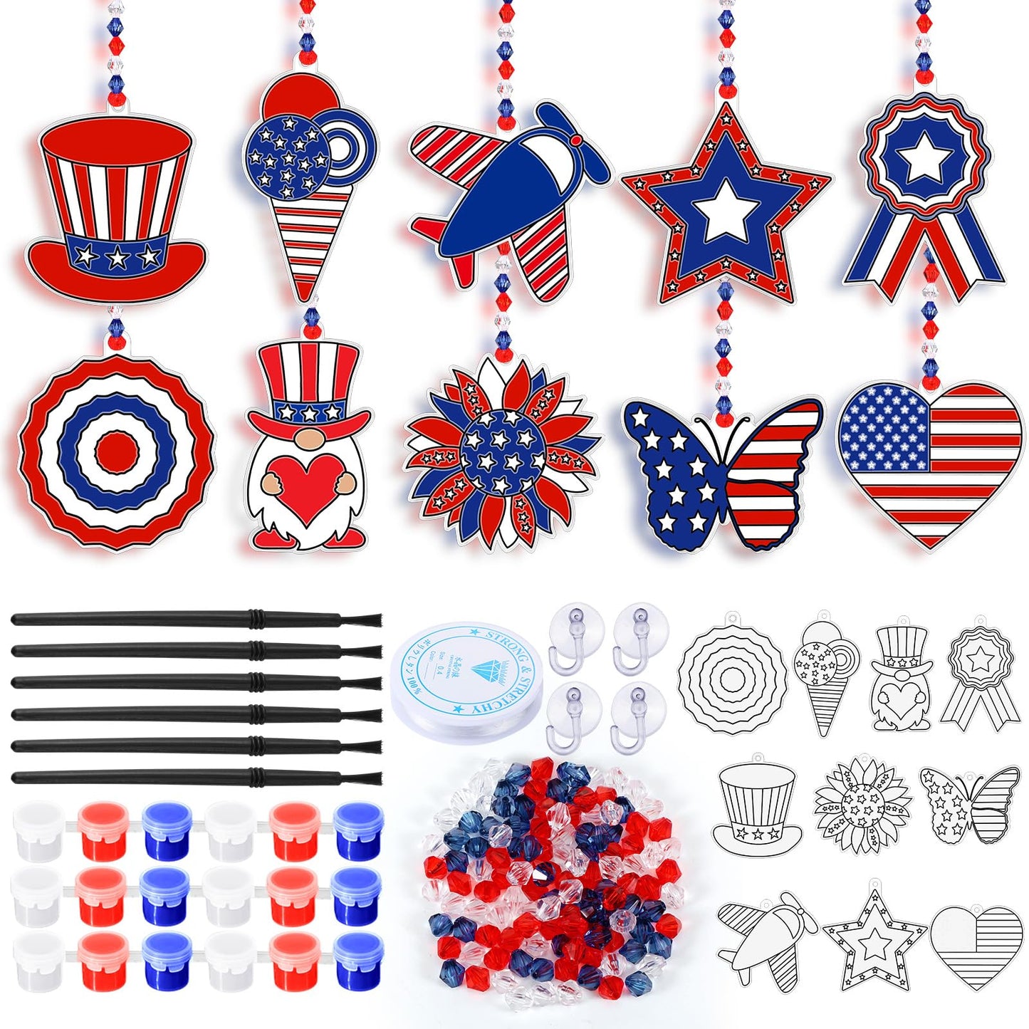 WinnerWhy 30 Sets 4th of July Crafts Bulk, Patriotic 250th Anniversary Stained Glass Sun Catcher Art Kits for Memorial Day Home Party Project Activities Hanging Ornaments