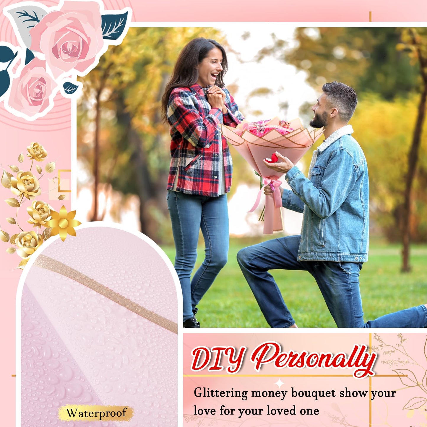Thiccywoov Valentine Glitter Roses Bouquet (exclude Rose & Glue) DIY Roses with Glitter Powder Flower Wrapping Paper Letter Stickers Bags for Mothers Day Birthday Wedding Graduation Xmas Gifts(Pink)