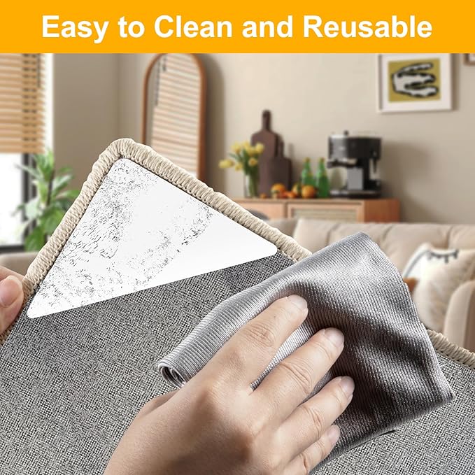 8 PCS Rug Tape, Rug Pad Gripper for Hardwood Floors, Double Sided Adhesive Carpet Tape, Reusable Anti Slip Rug Grips for Area Rugs to Keep Rug Corners Flat