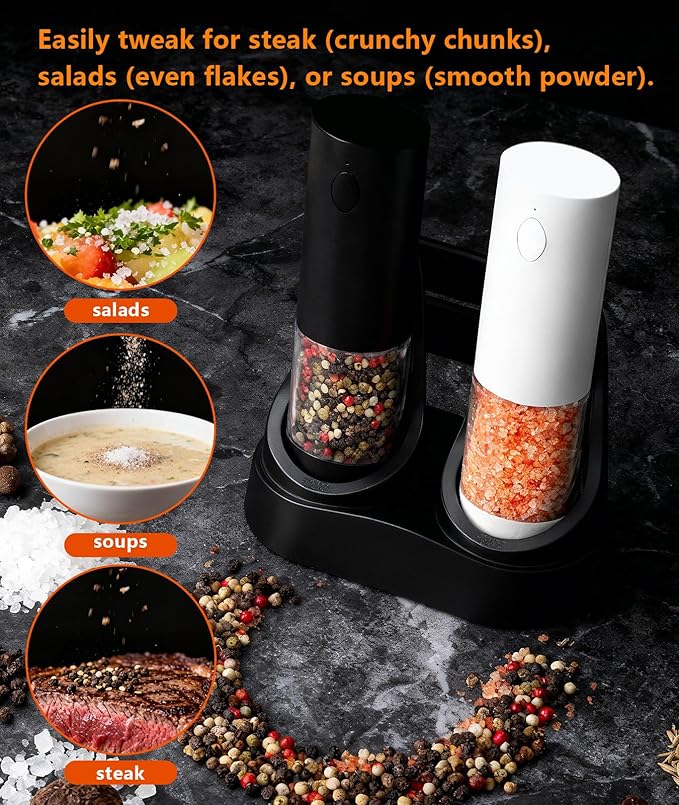 Electric Salt and Pepper Grinder Set - Rechargeable Battery Operated, Adjustable Coarseness, LED Light, Stainless Steel & Glass Body - Spice Mill for Kitchen, Dining Table