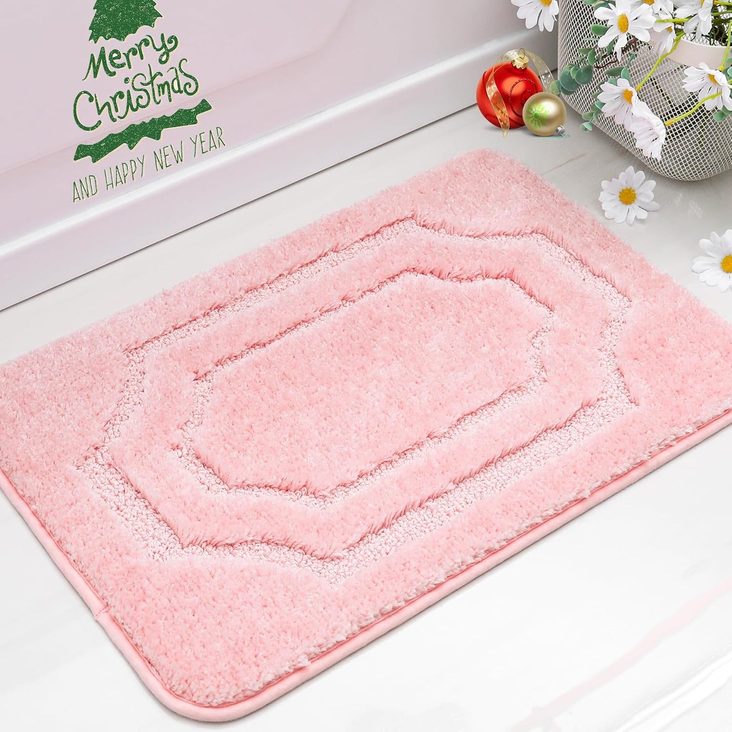 BEQHAUSE Bathroom-Rugs-Non-Slip-Bath-Mats for Bathroom Soft and Absorbent Polyester Microfiber Pink Bath Mat Machine Washable Shaggy Shower Mat for Bathrooms, Bathtub and Sink, 16" x24"