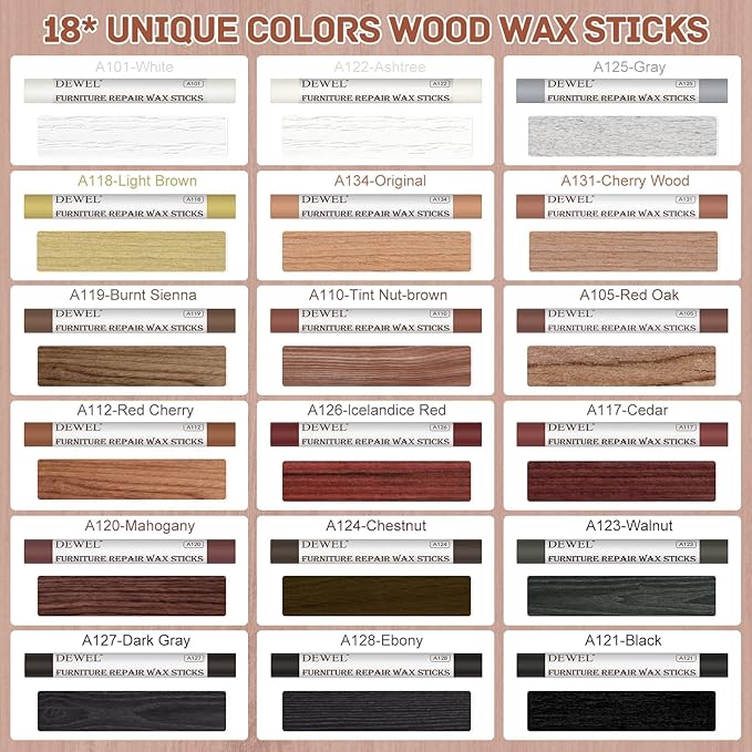 DEWEL Wood Filler Sticks, 18 Colors Wood Wax Crayons for Scratches, Wood Floor Repair Wax Filler Sticks, Furniture Scratch Repair Crayons Kit for Cracks, Holes, Table