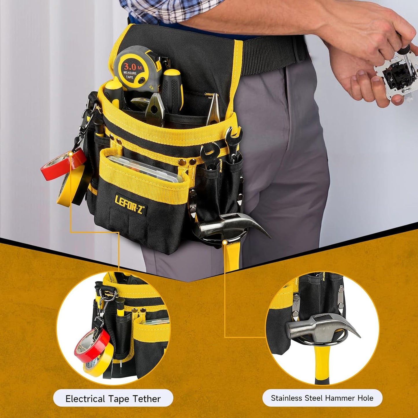 Tool Belt,Magnetic Tool Pouch,14-Pockets Tool Belts for Men,Detachable & Adjustable Tool Pouch belt for Electrician,Carpenter,Construction,Work Apron,Utility Belt,Black-Yellow
