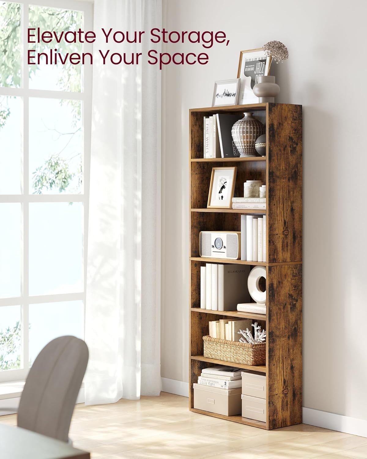 VASAGLE CUSTOS Collection - Bookshelf, 6-Tier Bookcase, Book Shelf, Open Storage Shelf, 9.4 x 23.6 x 63.3 Inches, for Living Room, Home Office, Dinning Room, Rustic Brown ULBC166X01