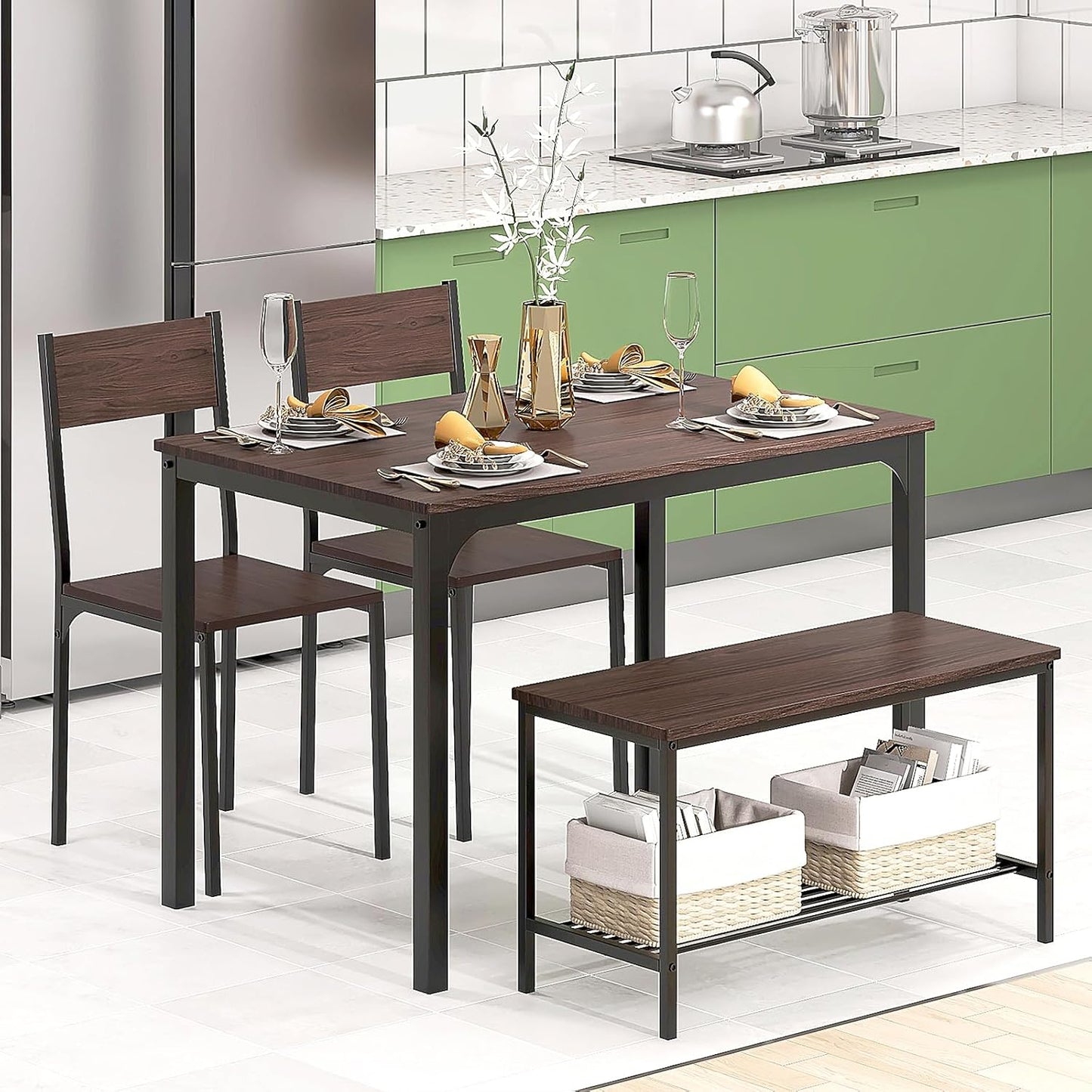 sogesfurniture Table Chairs Set of 4, Dining Table Set for 4 with Bench and Chairs, 4 Pieces Kitchen Table Set with Storage Rack & Metal Frame for Small Space,Elegant Brown