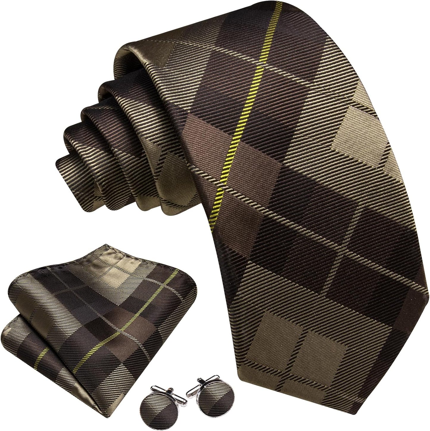 Barry.Wang Designer Classic Ties for Men Set Formal Pocket Square Cufflink Check Plaid