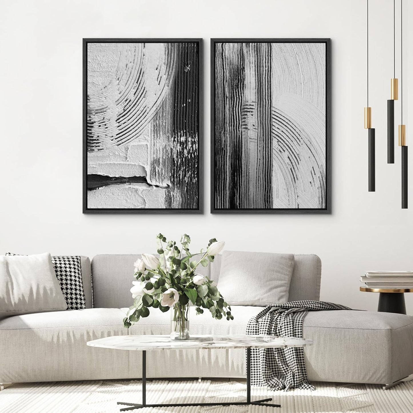 SIGNWIN Framed Canvas Print Wall Art Set Black White Industrial Paint Strokes Abstract Shapes Illustrations Modern Art Minimal Decorative Nordic for Living Room, Bedroom, Office - 24"x36"x2 Black