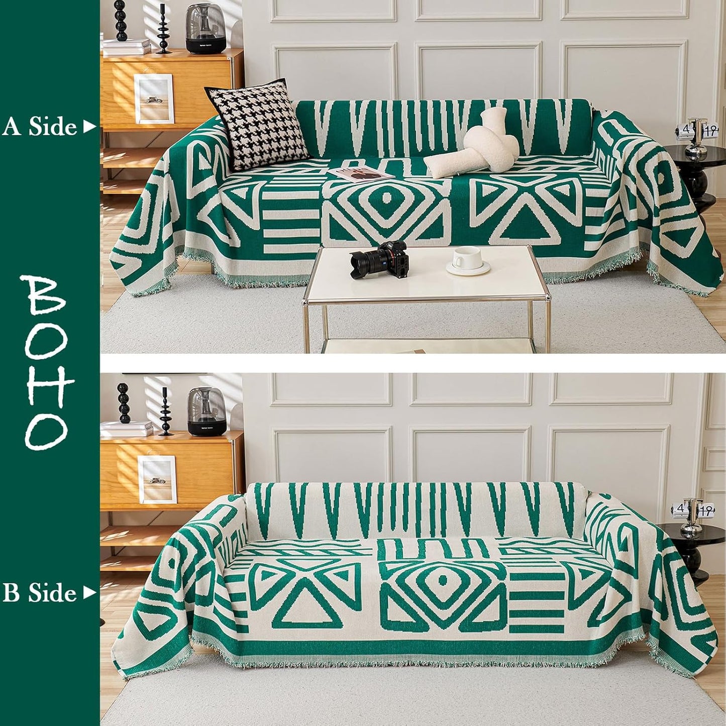 HANDONTIME Couch Cover Boho Sofa Covers Washable Forest Green Dog Covers for Couches Reversible Couch Blanket Cover Geometric L Shaped Couch Covers for 2 3 Couch Cushion Cover Dark Green, 71" X118"