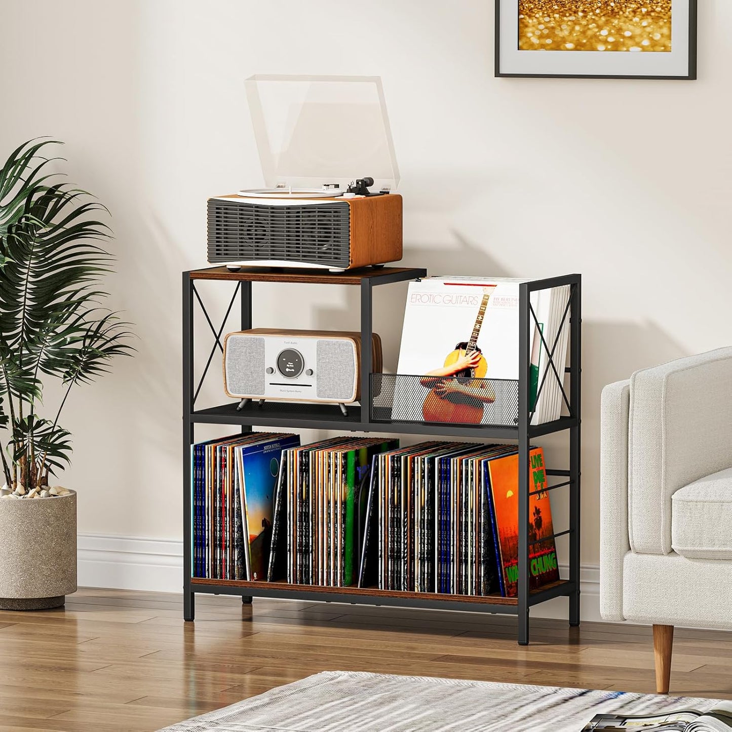 Snughome Large Vinyl Record Player Stand, Holds Up to 300 Albums, Wooden Record Display Table with 3 Adjustable Divider for Turntable Stand, Large Record Player Table Vinyl Album Storage