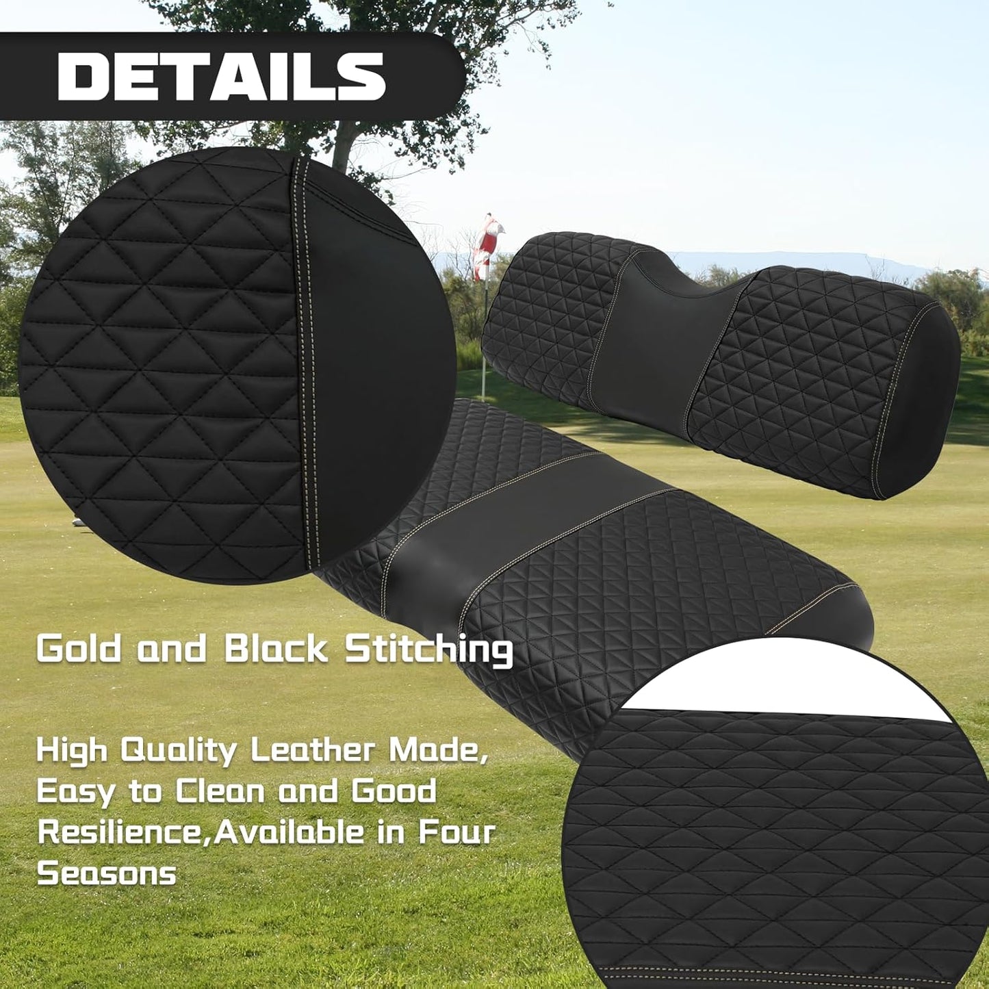 XUANYUDG0769 Golf Cart Front and Rear Seat Covers for EZGO TXT/RXV Club Car DS/Precedent Yamaha G29, Vinyl Leather Made/Adjustable Straps and Retractable Buckle/No Stapler Required,4PCS
