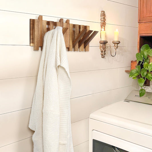KYIAANY Wall Coat Rack for Entryway: Rustic Wooden Folding 8 Hooks Mount 16.5inch Decorative Piano Hanger for Farmhouse Hallway Bathroom for Towel Backpack Jacket (Staggered Style)