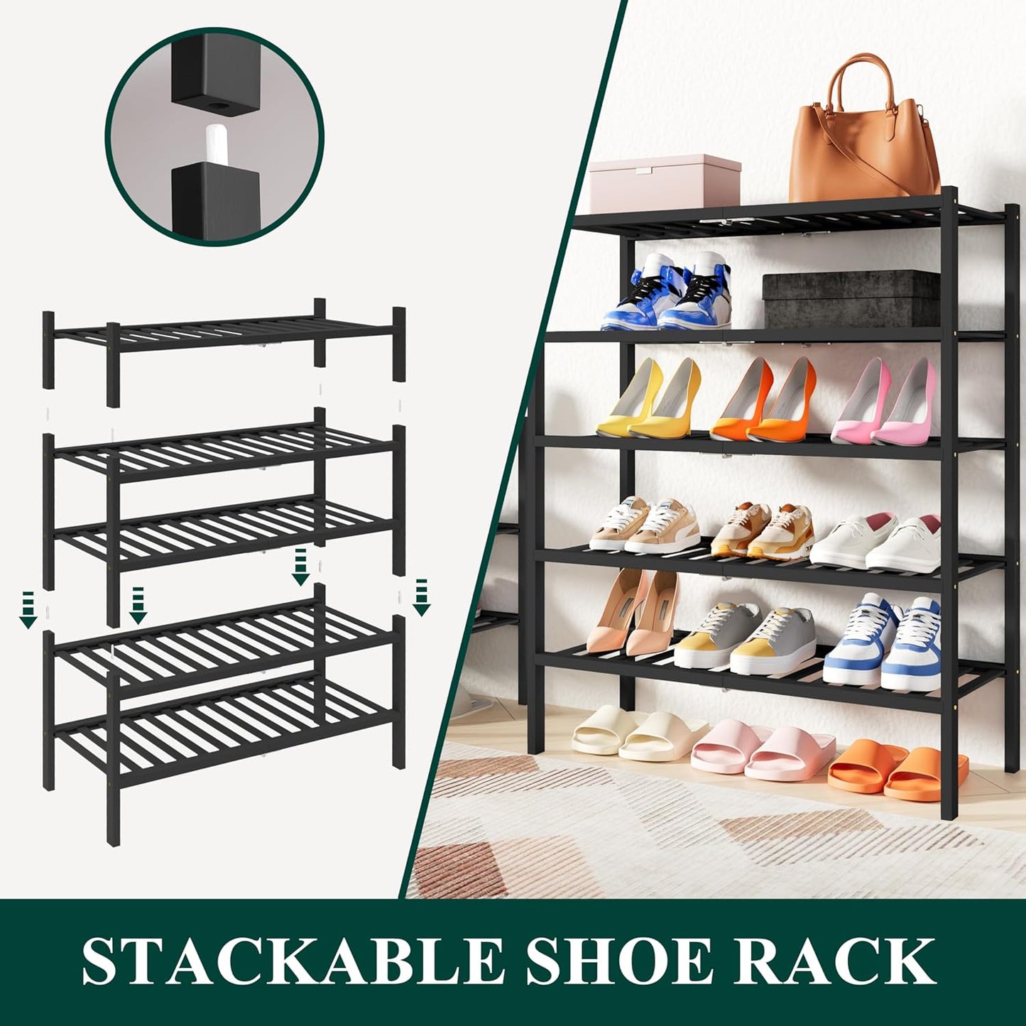 Smiry Shoe Rack, 3 Tier Thick Bamboo Shoe Organizer, Stackable Free Standing Wooden Shoe Storage Shelf for Closet, Entryway, Front Door Entrance, Black
