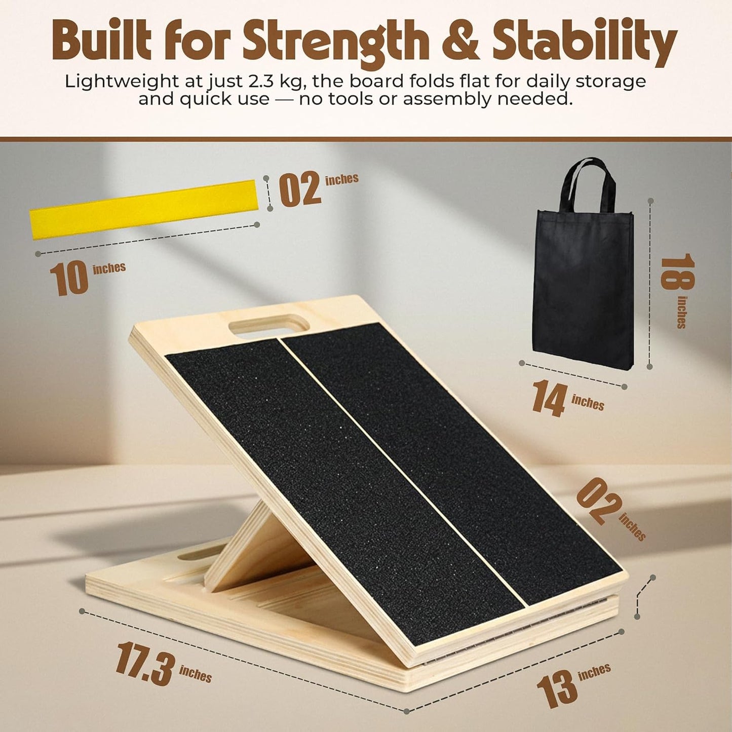 Adjustable Wooden Slant Board for Calf Stretching, Squats & Physical Therapy – Portable Incline Stretch Board for Ankle, Knee, Heel & Foot Mobility with 2 Extra Sand Papers, Carry Bag & Mini Loop Band