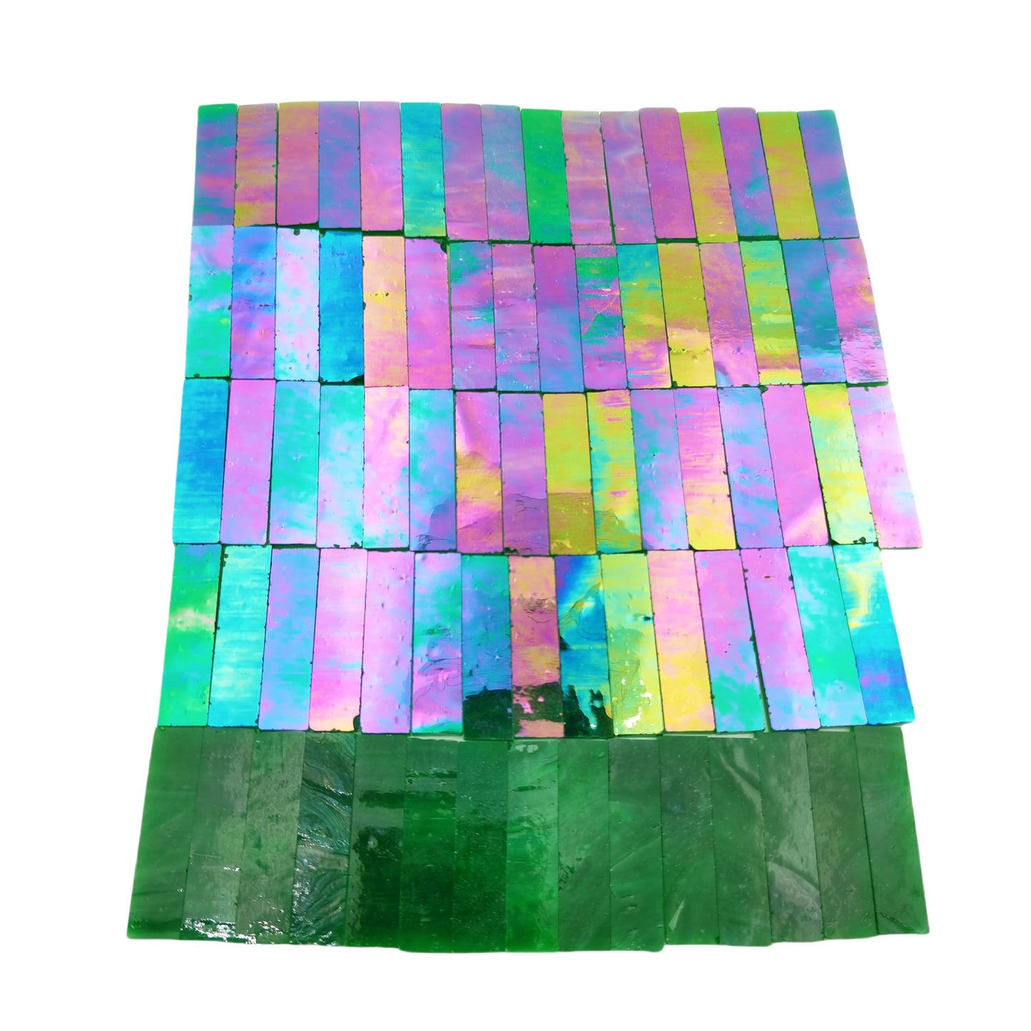 1.57" x 0.4" Rectangular Iridescent Stained Glass Strip, 7oz Glass Mosaic Tiles for DIY Crafts,Plates,Picture Frames,Flower Pots,Handmade Jewelry and More Mosaic Decorative (Iridescent Green)