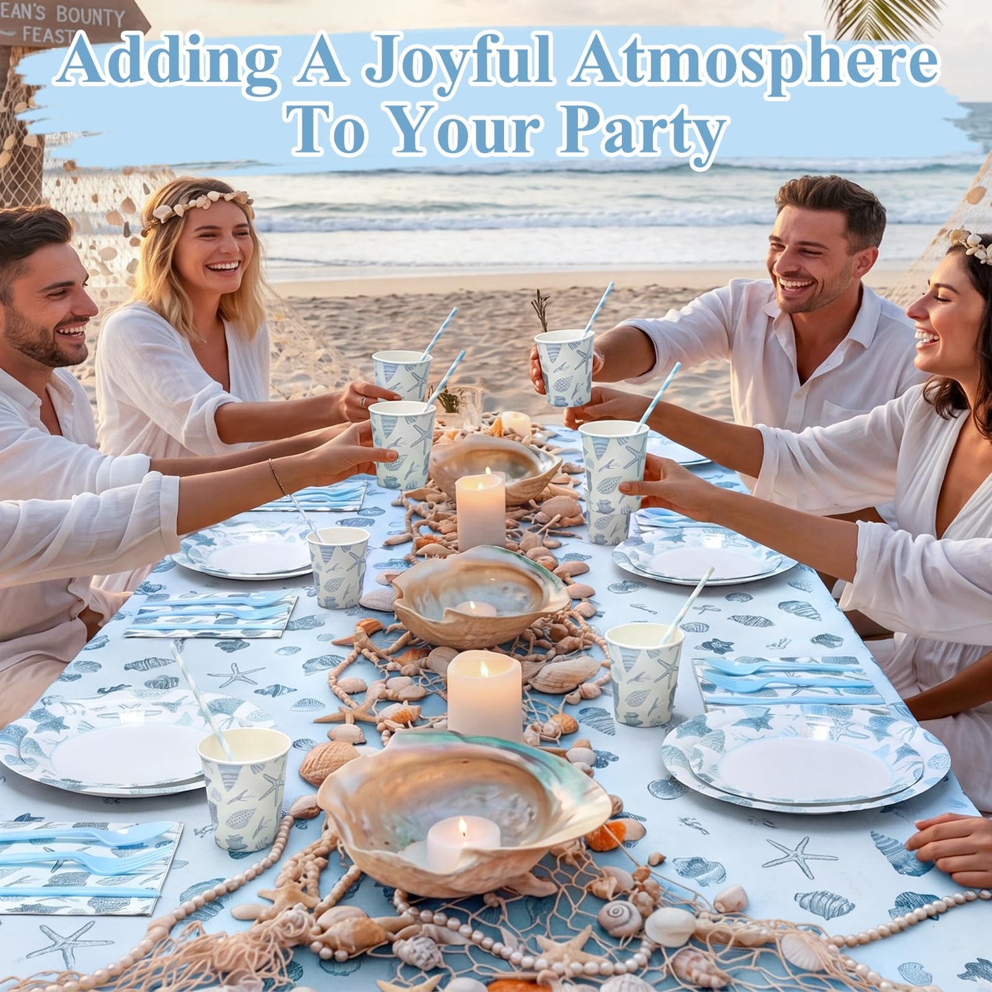 LemonRoad 452 Pcs Ocean Beach Seashell Party Decoration for 50, Coastal Seashell Paper Plates Napkins Cup Tablecloth Cutlery Straw Under The Sea Tableware for Summer Birthday Bachelorette Party Supply