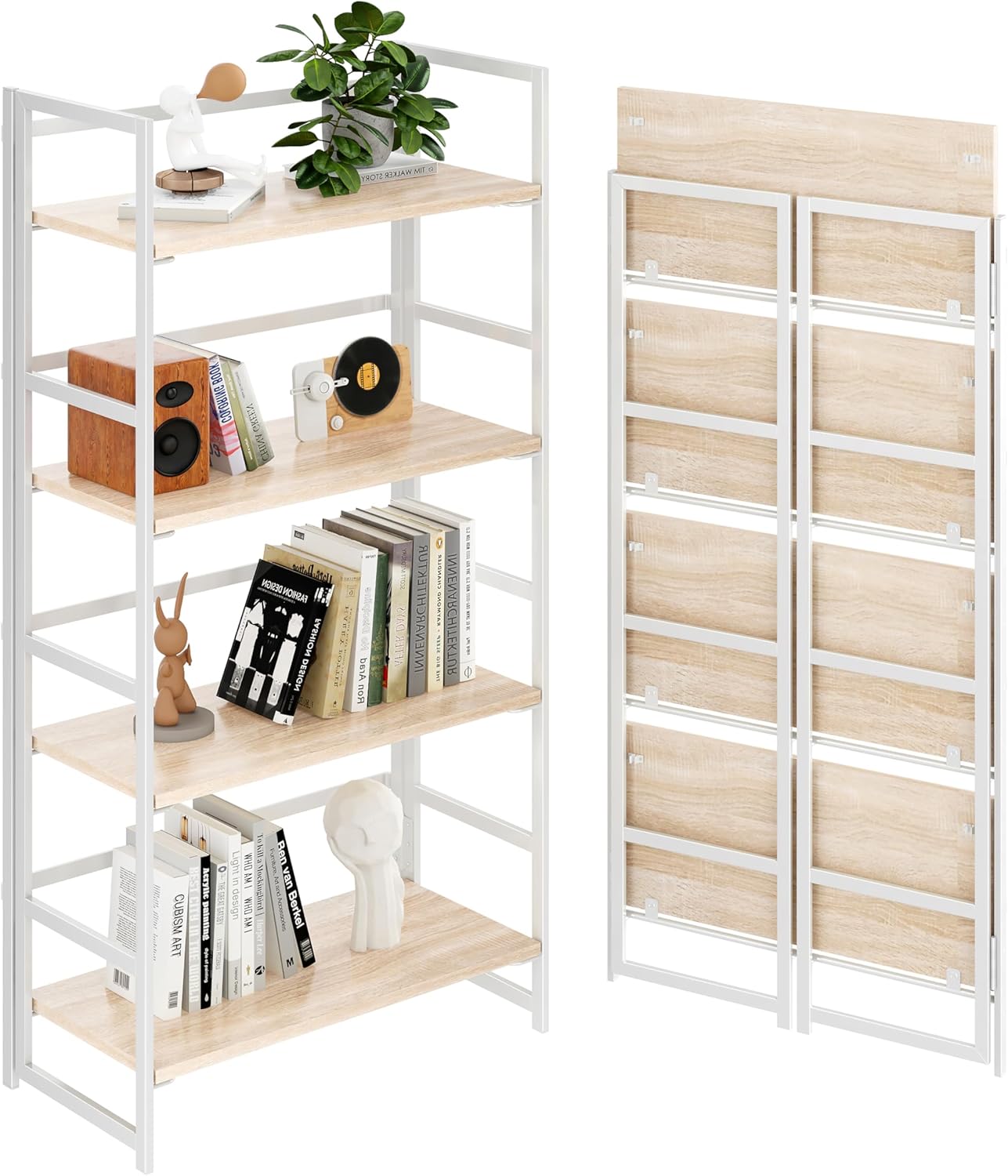 BHG Vintage Multifunctional Folding Bookshelf, No-Assembly Plant Stand Storage Rack Shelves for Home Office (White, 4-Tier)