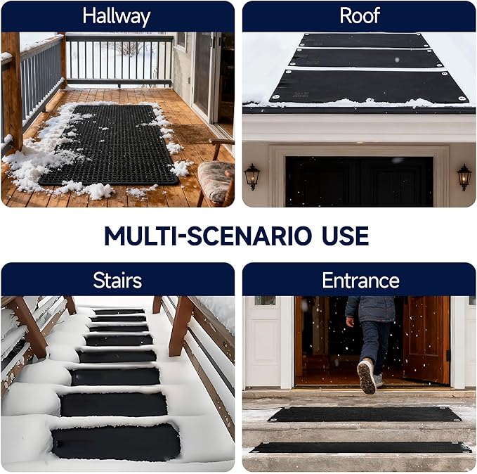 Snow Melting Mats Outdoor 10x30 Inch, Double No-Slip Rubber Heated Driveway Mats for Winter Snow Removal, 2 in/h Ice Melting Mats with Power Cord for Stairs, Walkways, Decks & Sidewalks,1PC