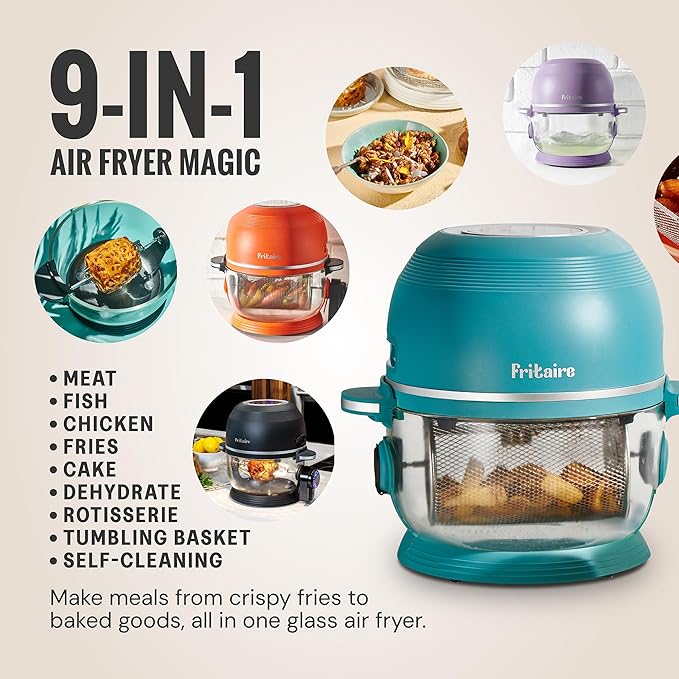 Non Toxic Air Fryer™ 9-in-1 Functions - Glass AirFryer 5 Quart w/ 360 Visibility, Self-Cleaning, 400F Vortex Air Fryer for Even Cooking, BPA-Free Teflon Free, Rotisserie, Roast, Bake, Mauve Rose