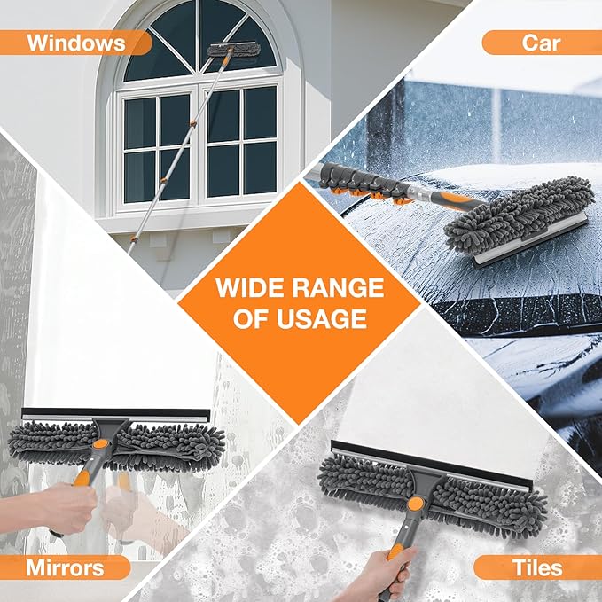 13Ft Window Squeegee with Extension Poles, Extra-Large 14" Window Squeegee 2-in-1 Window Cleaning Kit with Telescopic Pole,Window Cleaner Tool with Adjustable Head, for High Window, Glass, RV