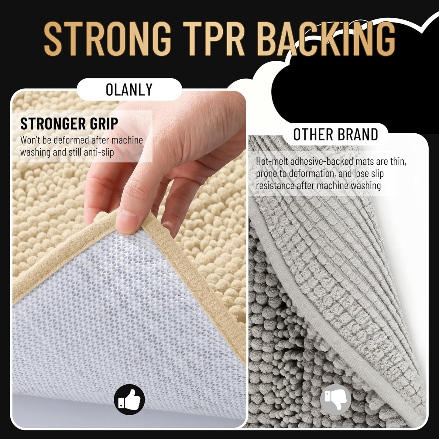 OLANLY Thick Bathroom Rugs 24x16, Extra Soft Absorbent Chenille Striped Bath Rugs, Rubber Backing, Machine Wash Dry, Bath Mats for Bathroom Floor, Tub and Shower, Home Decor Accessories, Beige