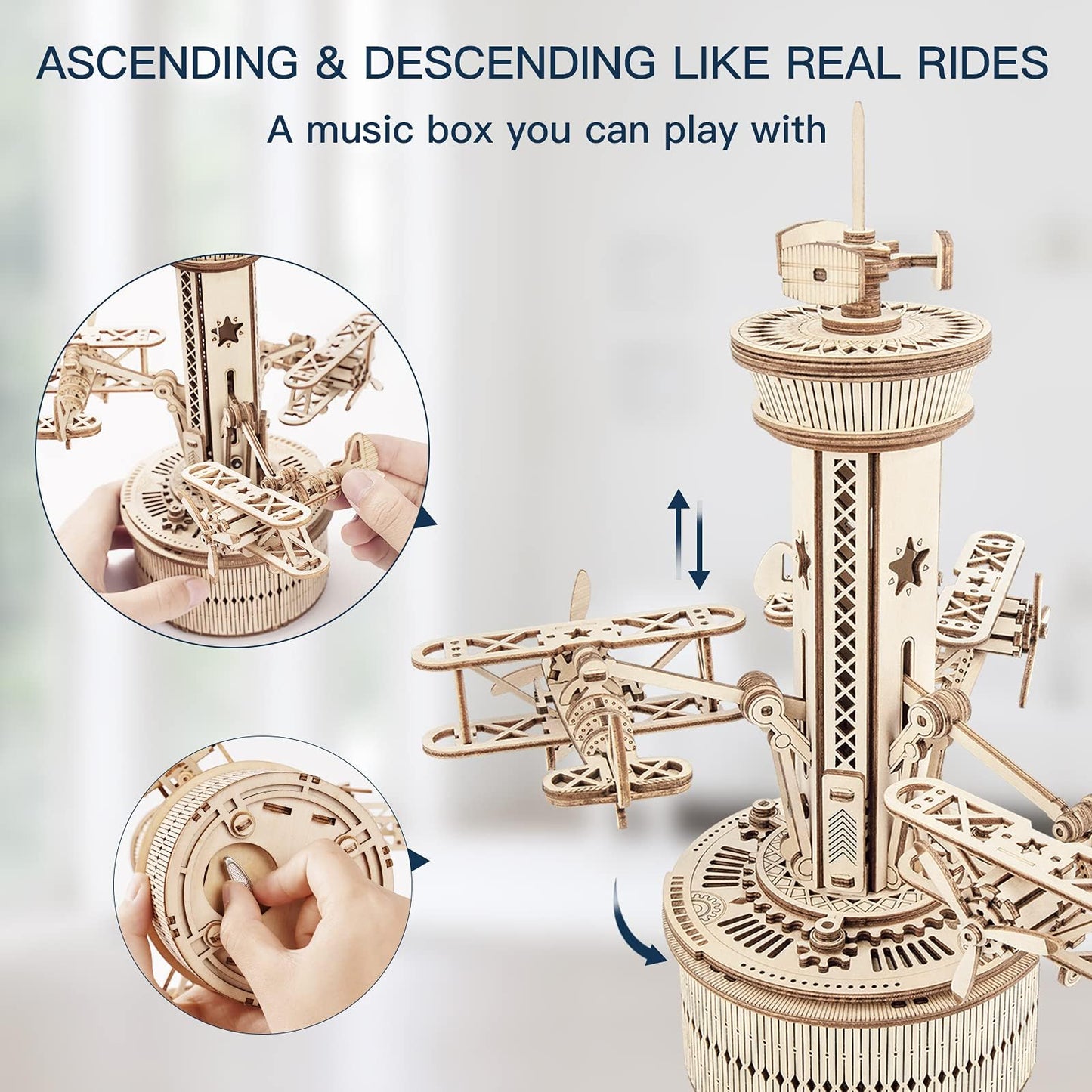 ROKR 3D Wooden Puzzle for Adults Airplane Tower Music Box - DIY Mechanical Model Building Kit 10", Birthday Gifts for Men/Women/Parents/Family