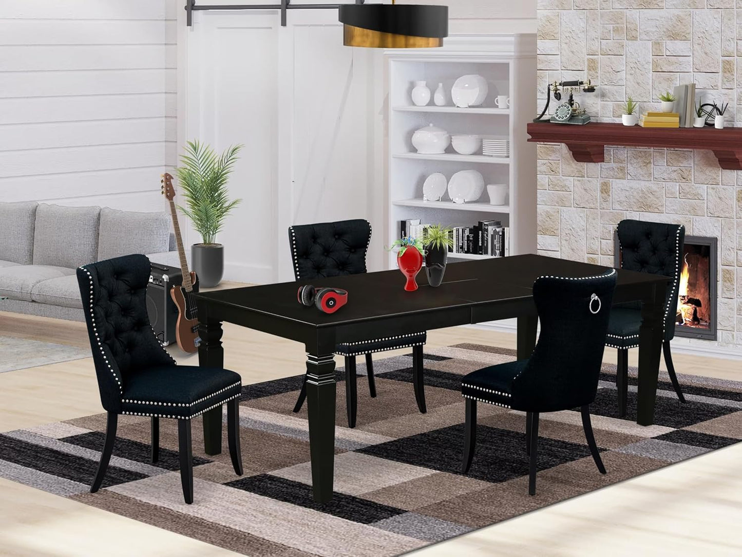 East West Furniture LGDA5-BLK-24 5 Piece Kitchen Table Set Contains a Rectangle Dining Table with Butterfly Leaf and 4 Polyester Fabric Upholstered Chairs, 42x84 Inch, Black