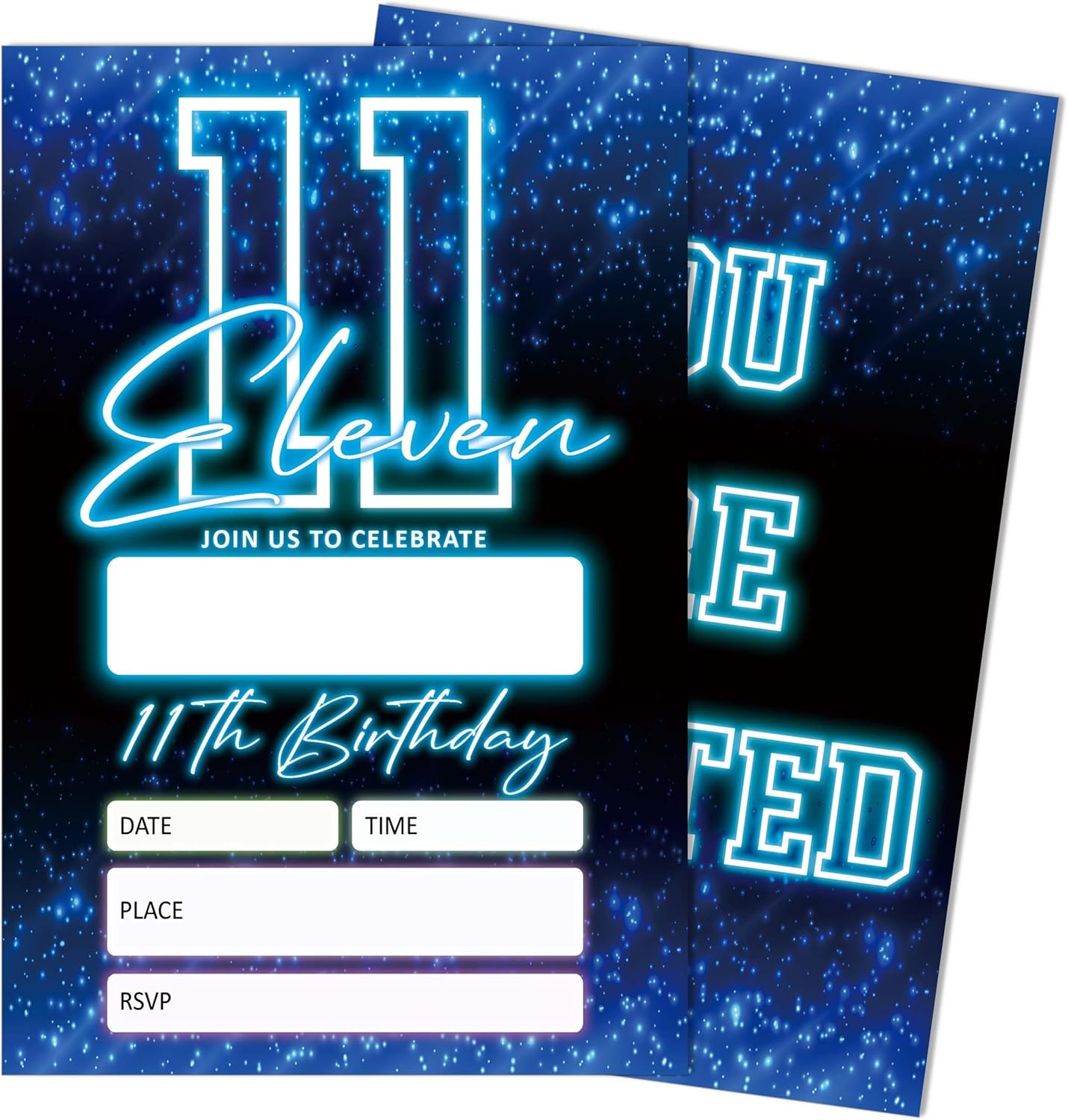 SIXEIGHT Blue 11th Birthday Party Invitations for Boys, Glow Neon Birthday Invitations, 20 Double Sided Invite Cards with Envelopes for Kids Girls, Party Decorations Supplies, 4"x6"-C11