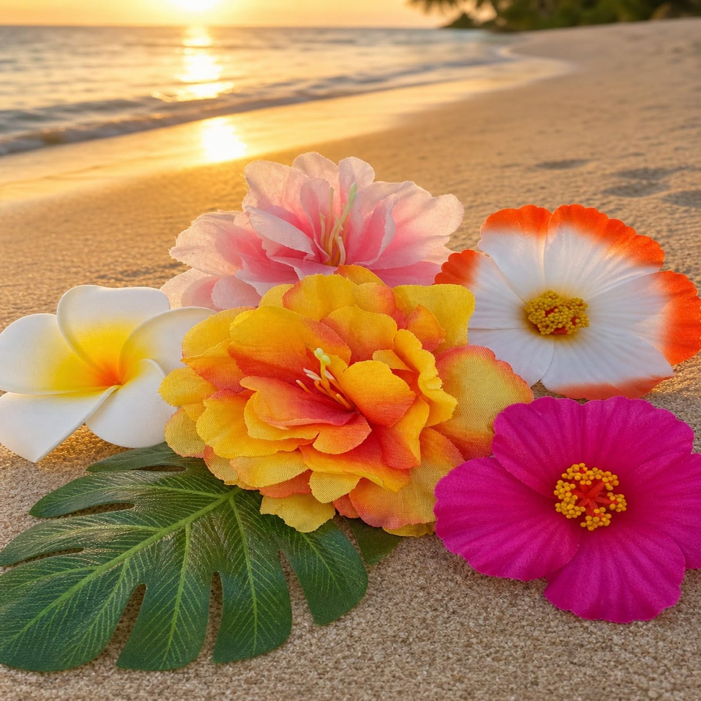 18Pcs Hawaiian Flowers Cake Decorations, Tropical Luau Cake Toppers with Hibiscus and Palm Leaves, Summer Cupcake Toppers, Non-Edible Aloha Beach Party Supplies for Birthday Celebration