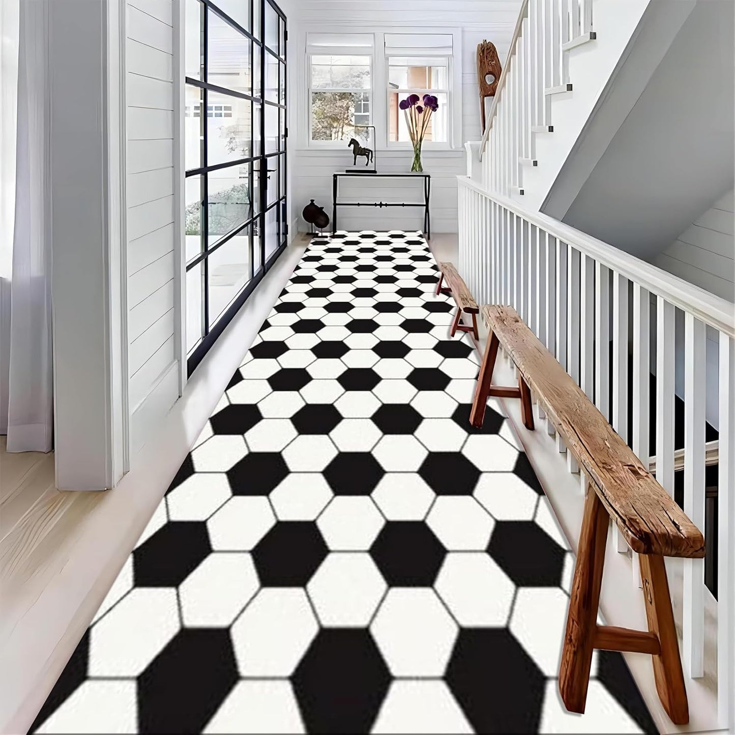 Football Pattern Runner Rugs for Hallway, 3.3x10ft, Black White Geometric Entrance Rug, Machine Washable High Traffic Rug, with Non Slip Backing Absorbent Carpet for Entryway Living Room