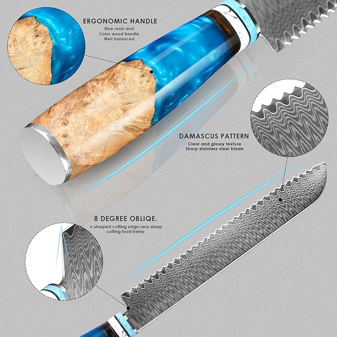 Bread Knife, Damascus Multifunction Serrated Knife, Professional Japanese VG10 Damascus Steel Bread Knife,Serrated Cake Knife Bread Cutter for Homemade Crusty Bread