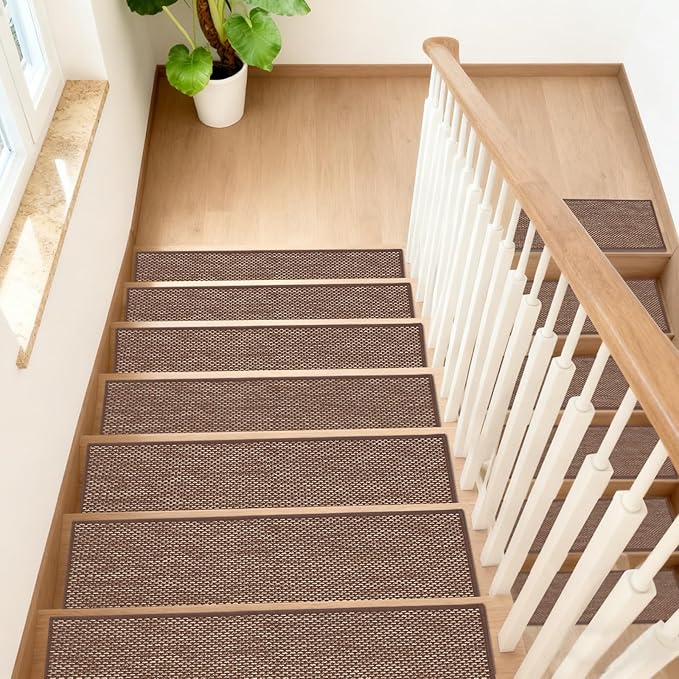 Non-Slip Stair Treads for Wooden Steps Indoor, 4 Pack 8x30in Carpet Stair Treads with Reusable Adhesive, Stair Runners for Wooden Steps Non Slip for Kids Elders and Pets,Machine Washable, Brown Weave