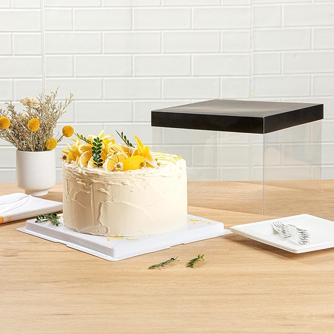 Sweet Vision Square Clear Plastic Cake Box - Black Lid and White Base, Black Ribbon - 8 1/2" x 8 1/2" x 6 3/4" - 10 count box