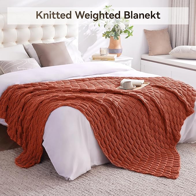 Knitted Weighted Blanket for Adult, No Beads Heavy Blanket 50” x 60'' 10lbs, Breathable Chunky Knit Blanket, Cooling Weighted Blanket for Hot Sleepers, Christmas Home Decor (Orange)